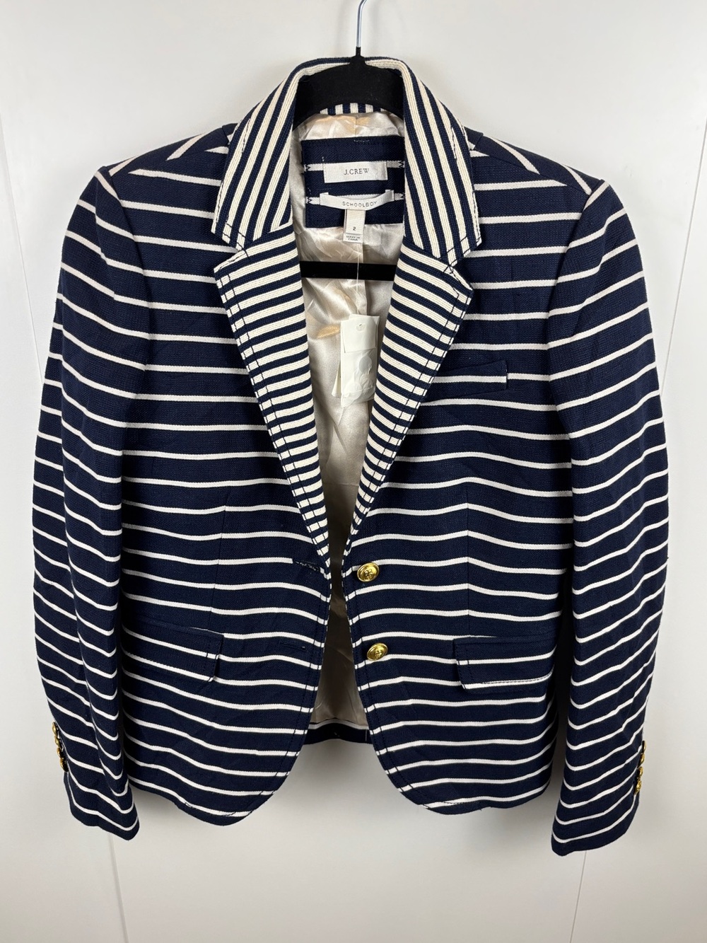 NWT J. Crew Classic Schoolboy Blazer Linen Striped Navy Ivory Gold Buttons sz 2